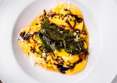 Country Ham Ravioli fried Arugula Balsamic Drizzle