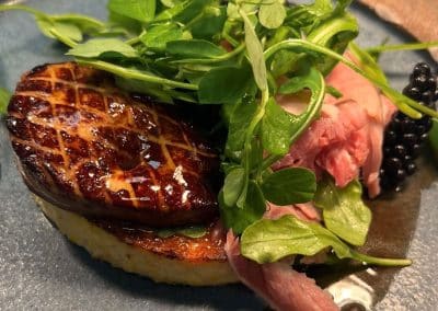 Duck Foie Gras Country Ham Polenta Cake Black Raspberry Jus
